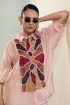 Buy_Eeda_Pink Viscose, Silk Patchwork Collared Geometric Shirt With Inner Slip _at_Aza_Fashions