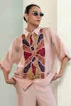 Shop_Eeda_Pink Viscose, Silk Patchwork Collared Geometric Shirt With Inner Slip _Online_at_Aza_Fashions
