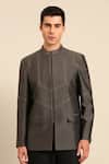 Buy_Mayank Modi - Men_Charcoal Cotton, Silk Embroidery Geometric Pattern Zipper Bandhgala _at_Aza_Fashions