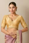 Buy_Samyukta Singhania_Gold Silk Zari, Sequins V-neck Embroidered Scallop V Blouse _at_Aza_Fashions