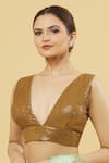 Buy_Samyukta Singhania_Brown Polyester, Silk Sequins, Gota Patti V-neck Embroidered Blouse _at_Aza_Fashions