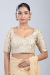 Buy_Samyukta Singhania_Gold Embroidery Leaf Neck Floral Blouse _at_Aza_Fashions