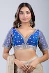 Samyukta Singhania_Blue Silk Embroidery V-neck Floret Blouse _Online_at_Aza_Fashions