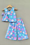 Shop_Label Neeti_Blue Cotton Bows Polka Dot Print Top And Pant Set _at_Aza_Fashions