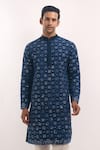 Shop_Arihant Rai Sinha_Blue Cotton, Silk Mirrors, Embroidery Geometric Pattern Kurta _Online_at_Aza_Fashions