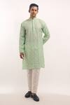 Arihant Rai Sinha_Green Cotton, Silk Mirrors, Embroidery Work Striped Kurta _Online_at_Aza_Fashions