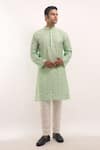 Shop_Arihant Rai Sinha_Green Cotton, Silk Mirrors, Embroidery Work Striped Kurta _Online_at_Aza_Fashions