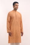 Buy_Arihant Rai Sinha_Orange Cotton, Silk Mirrors Embroidered Kurta _Online_at_Aza_Fashions