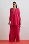 Buy_One Not Two_Fuchsia Silk Beads, Crystals, Sequins Floral Hand Embroidered Kurta And Salwar Set _at_Aza_Fashions