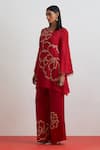 One Not Two_Red Silk, Satin Embroidery, Sequins, Beads, Crushed Floral Kurta And Pant Set _Online_at_Aza_Fashions