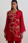 One Not Two_Red Silk, Satin Embroidery, Sequins, Beads, Crushed Floral Kurta And Pant Set _at_Aza_Fashions