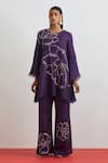 One Not Two_Purple Silk, Satin Embroidery, Sequins, Floral Encrusted Kurta And Bell Bottom Set _Online_at_Aza_Fashions