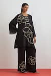 Buy_One Not Two_Black Crinkle, Silk, Satin Floral Encrusted Kurta And Bell Bottom Pant Set _at_Aza_Fashions