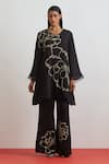 One Not Two_Black Crinkle, Silk, Satin Floral Encrusted Kurta And Bell Bottom Pant Set _Online_at_Aza_Fashions