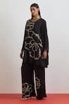 Buy_One Not Two_Black Crinkle, Silk, Satin Floral Encrusted Kurta And Bell Bottom Pant Set _Online_at_Aza_Fashions
