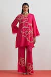 Buy_One Not Two_Fuchsia Silk, Satin Embroidery, Sequins, Floral Crushed Kurta And Pant Set _at_Aza_Fashions