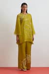Shop_One Not Two_Green Crinkle, Silk, Satin Sequins, Beads, Crushed Floral Kurta And Bell Bottom _Online_at_Aza_Fashions