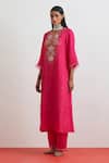 Shop_One Not Two_Fuchsia Crinkle, Silk Embroidery, Sequins, Beads, Crushed Floral Kurta Set _at_Aza_Fashions