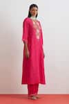 Buy_One Not Two_Fuchsia Crinkle, Silk Embroidery, Sequins, Beads, Crushed Floral Kurta Set _Online_at_Aza_Fashions