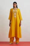 Buy_One Not Two_Yellow Silk Embroidery, Sequins, Beads, Crystals Crushed Floral Kurta Set _at_Aza_Fashions