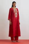 One Not Two_Red Crinkle, Silk Embroidery, Sequins, Beads, Crushed Floral Kurta Set _Online_at_Aza_Fashions