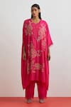 Buy_One Not Two_Pink Silk Sequins, Beads, Crystals Split Crushed Embroidered Roses Kaftan Set _at_Aza_Fashions