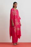 Buy_One Not Two_Pink Silk Sequins, Beads, Crystals Split Crushed Embroidered Roses Kaftan Set _Online_at_Aza_Fashions