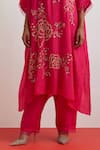 Shop_One Not Two_Pink Silk Sequins, Beads, Crystals Split Crushed Embroidered Roses Kaftan Set _Online_at_Aza_Fashions