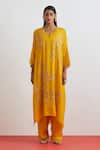 Buy_One Not Two_Yellow Crinkle, Silk Sequins, Beads, Crushed Embroidered Roses Kaftan Set _at_Aza_Fashions