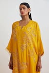 One Not Two_Yellow Crinkle, Silk Sequins, Beads, Crushed Embroidered Roses Kaftan Set _Online_at_Aza_Fashions