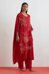 One Not Two_Red Silk Sequins, Beads, Crystals, Crushed Encrusted Roses Kaftan Set _Online_at_Aza_Fashions