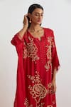 Shop_One Not Two_Red Silk Sequins, Beads, Crystals, Crushed Encrusted Roses Kaftan Set _Online_at_Aza_Fashions