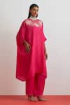 One Not Two_Fuchsia Silk Embroidery, Sequins, Beads, Crushed Floral Kaftan And Pant Set _Online_at_Aza_Fashions