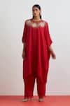 Buy_One Not Two_Red Crinkle, Silk Sequins, Beads, Crystals, Crushed Floral Hand Kaftan Set _at_Aza_Fashions