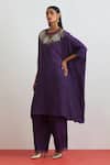 One Not Two_Purple Silk Embroidery, Sequins, Beads, Crystals Round Floral Kaftan And Pant Set _Online_at_Aza_Fashions