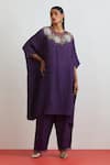 Buy_One Not Two_Purple Silk Embroidery, Sequins, Beads, Crystals Round Floral Kaftan And Pant Set _at_Aza_Fashions