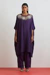 Shop_One Not Two_Purple Silk Embroidery, Sequins, Beads, Crystals Round Floral Kaftan And Pant Set _Online_at_Aza_Fashions
