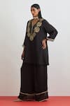 One Not Two_Black Silk Sequins, Beads, Crystals, Rose Garland Short Kurta And Pant Set _Online_at_Aza_Fashions
