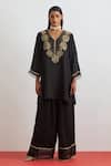 Buy_One Not Two_Black Silk Sequins, Beads, Crystals, Rose Garland Short Kurta And Pant Set _at_Aza_Fashions