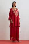 One Not Two_Red Silk Sequins, Beads, Rose Garland Embroidered Short Kurta And Pant Set _Online_at_Aza_Fashions