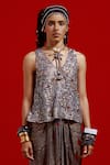 Buy_Aseem Kapoor_Gray Crinkle, Satin Tassels, Beads, Embroidery V-neck Haya V Top _at_Aza_Fashions