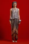Shop_Aseem Kapoor_Gray Crinkle, Satin Tassels, Beads, Embroidery V-neck Haya V Top _Online_at_Aza_Fashions
