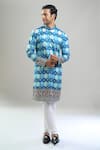 Arihant Rai Sinha_Blue Cotton, Polyester, Viscose Geometric Hexagon Thread And Kurta Set _Online_at_Aza_Fashions