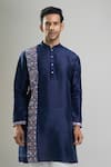 Arihant Rai Sinha_Navy Silk, Polyester, Viscose Printed Patta Blend Kurta And Churidar Set _at_Aza_Fashions