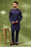 Spring Break_Navy , Silk, Satin Jacquard Woven Bundi And Kurta Set _Online_at_Aza_Fashions