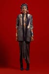 Aseem Kapoor_Gray Satin Embroidery, Beads, Tassels V-neck Open Dhana Printed Jacket _at_Aza_Fashions