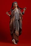 Buy_Aseem Kapoor_Gray Silk, Crinkle, Satin Tassels, Ritu Kaftan Jacket And Draped Skirt Set _at_Aza_Fashions
