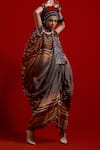 Buy_Aseem Kapoor_Gray Silk, Crinkle, Satin Tassels, Ritu Kaftan Jacket And Draped Skirt Set 