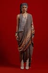 Buy_Aseem Kapoor_Gray Crinkle, Satin, Crepe Beads, Sequins Sadhvi Print Draped Saree With Top _at_Aza_Fashions
