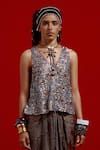 Aseem Kapoor_Gray Crinkle, Silk, Satin Embroidery, Beads, Tassels Haya Top And Skirt Set _at_Aza_Fashions